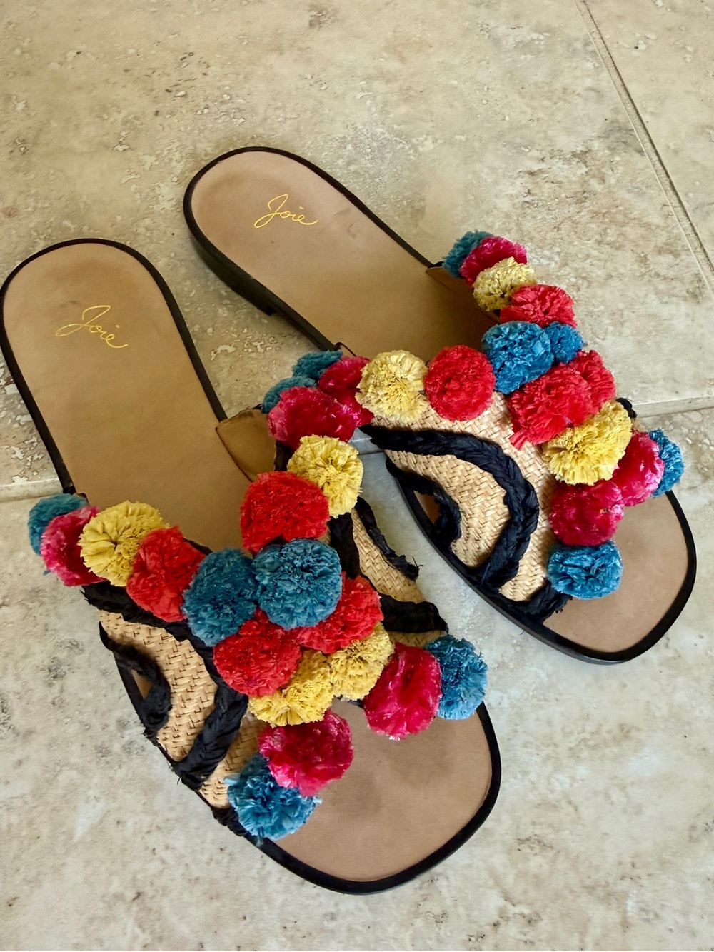 Joie Multicolor Pom-Pom Straw Slide Sandals - Red, Yellow, Teal